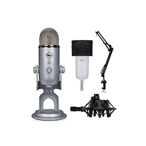Blue Microphones Yeti Mic (Silver) Bundle with Boom Arm, Shock Mount and Pop Filter (4 Items) - Silver