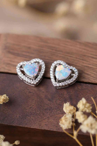 925 Sterling Silver Opal Heart Stud Earrings - White / One Size