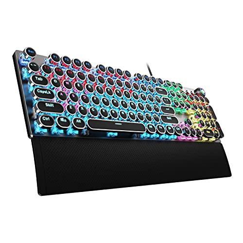 AULA F2088 Typewriter Style Mechanical Gaming Keyboard Blue Switches,Rainbow LED Backlit,Removable Wrist Rest,Media Control Knob,Retro Punk Round Keycaps,USB Wired Computer Keyboard - Black-blue switches