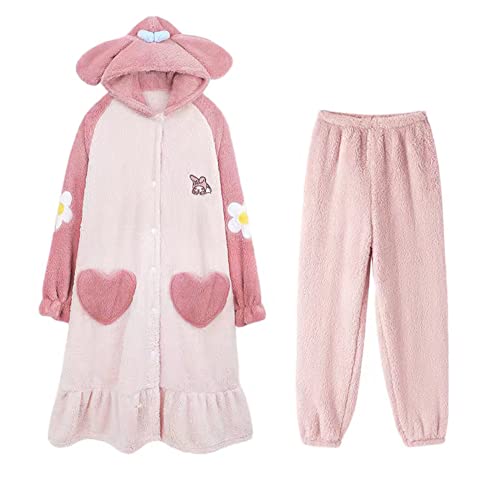 Brrioe Women's Cute Robe Button Bathrobe - Hooded Plush Sleepwear with Kawaii Pattern and trousers Sets - Medium - Pink