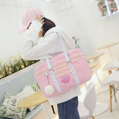 Pink Ruffled Duffle Bag - White Lace
