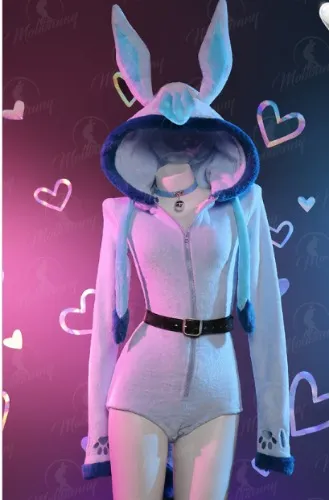 PM Derivative Fluffy Bodycon Romper Blue Furry Lingerie Hooded Bodysuit Jumpsuit Homewear with Tail Belt and Socks