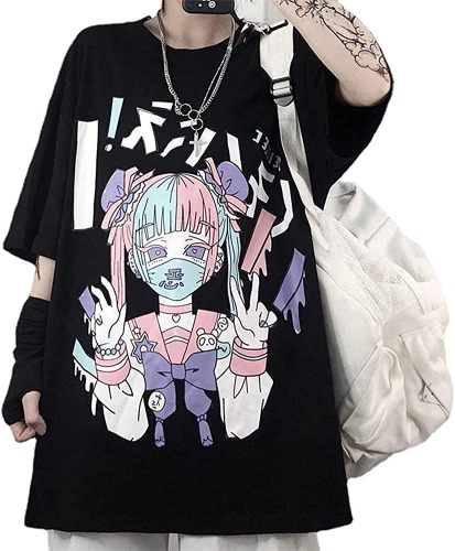 Women Summer Gothic T-Shirt Anime Aesthetic Print Harajuku Fashion Casual Tops - Black3 Large