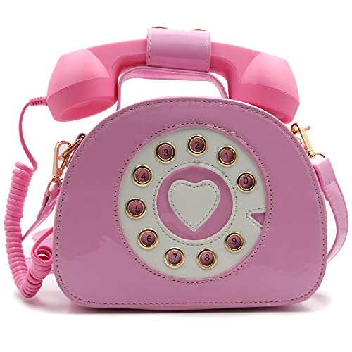 QiMing Retro dial telephone Crossbody Shoulder Bag,Pu Movable microphone Purse for Women - A-pink
