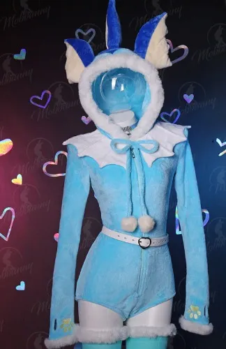 PM Derivative Fluffy Bodycon Romper Sexy Lingerie Blue Furry Hooded Bodysuit Jumpsuit Homewear with Tail Belt and Socks