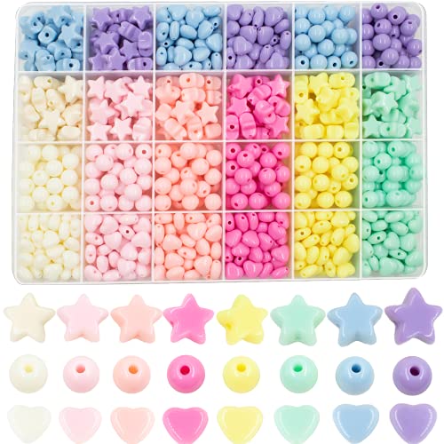 720Pcs Candy Color Acrylic Heart Beads Star And Round Beads, Colorful Assorted Plastic Pastel Circle Shape Cute Loose Beads Bulk for Bracelets Jewelry Making DIY Crafts Necklace - Candy Color Beads