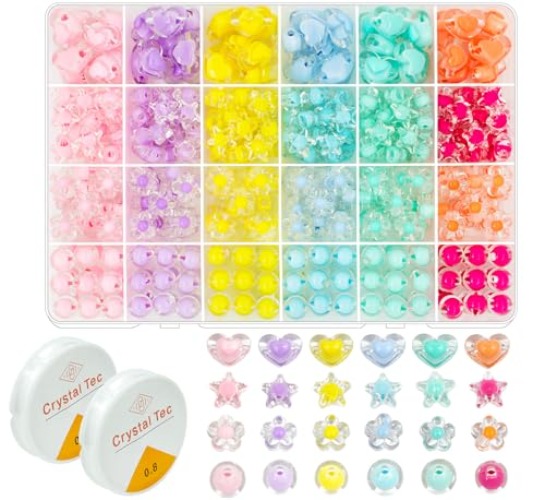 400 Pcs Macaron Colors Acrylic Pastel Beads Star Beads Hart Beads Flower Hair Beads with Hair Rope Crystal Rondelle Bead Assorted Cute Kawaii Aesthetic Beads for Bracelet Jewelry Making Hair Braid - A