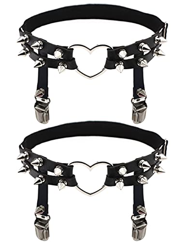 Adove Women Adjustable Leather Thigh Garter, Heart Shaped Leg Garter with Clips Punk Goth Garters for Thigh high Socks Black - 2p Black Heart-shaped