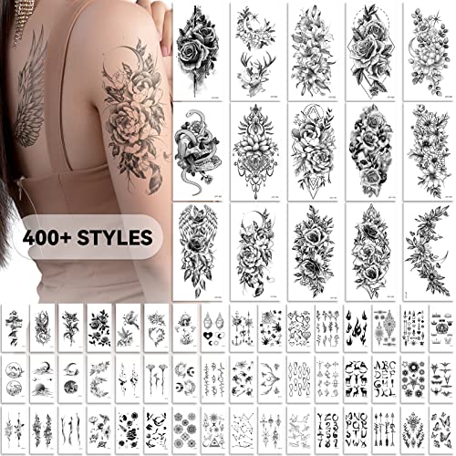 EMOME 400+ Stylish Styles Realistic Temporary Tattoos for Women, Long Lasting Semi Permanent Tattoo, Waterproof Large Flowers Rose Hand Tattoos Stickers and Fake Tattoos for Adults Girls (79 Sheets)
