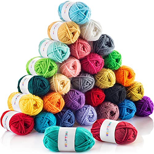 CRAFTISS 30x20g Acrylic Yarn Mini Skeins - 1300 Yards of Soft Yarn for Crocheting and Knitting Craft Project, Assorted Starter Crochet Kit Yarn Bulk for Adults and Kids - 30x20g