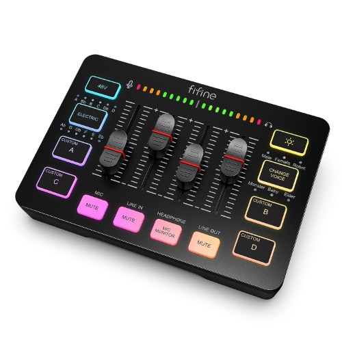 FIFINE Mezclador de Audio para Streaming, Mezclador RGB con Interfaz de Micrófono XLR, Atenuador de Volumen, Alimentación Fantasma de 48V en Mac/PC, para Voz de Gaming/Podcast/Grabación-AmpliGame SC3