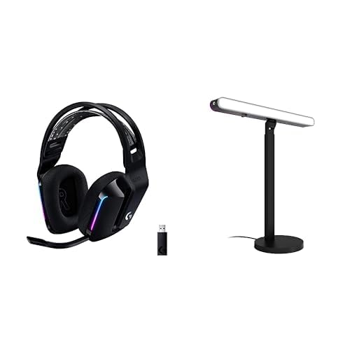 Logitech G733 Lightspeed Wireless Gaming Headset feat. Suspension Headband, Lightsync RGB, Blue VO!CE mic technology and PRO-G audio drivers, plus Litra Beam LX. Headset + Gaming Light