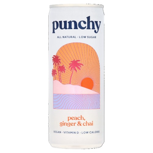 Punchy Drinks - Peach, Ginger & Chai, Premium Soft Drinks, Vitamin D, Plant Based, Low Calorie, Non-Alcoholic, 250ml x 24 Cans