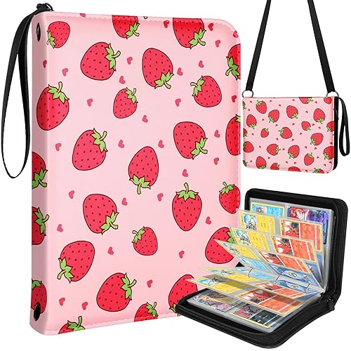 Lotadilo Card Binder 4-Pocket, 440 Pockets Card Holder Album Trading Game Cards Collection Binders for Teens Kids Boys Case Book with Sleeves Large Zipper Book Folder Collector with Shoulder Strap,Pk - Strawberry