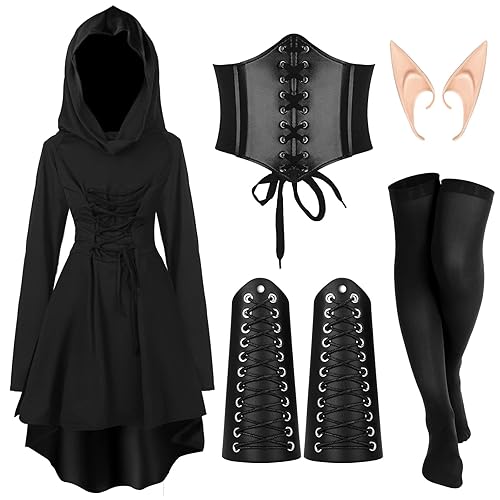 Jeyiour 5 Pcs Women Renaissance Fairy Costumes Set Medieval Hooded Robe Elf Ears Accessories for Halloween Cosplay - Black - Medium