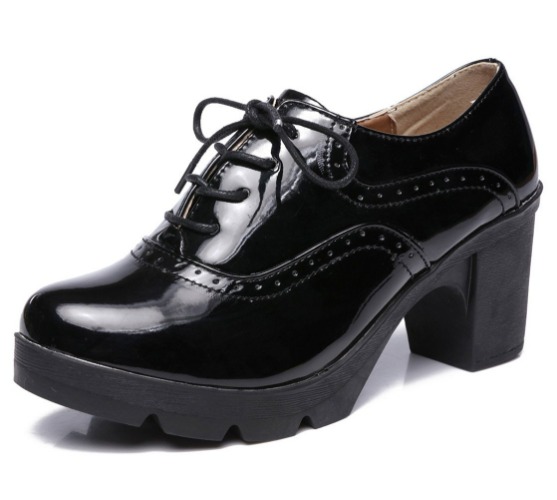 DADAWEN Women's Classic T-Strap Platform Mid-Heel Square Toe Oxfords Dress Shoes - 7 Black(lace Up)