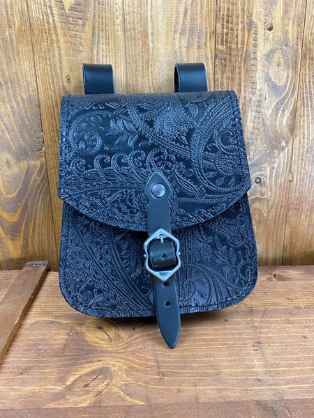 Black Damask Decorated Leather Belt Bag - Totally Handmade - Perfect for Larp, Cosplay, Cinema and Theatre