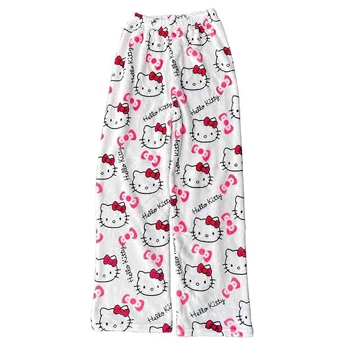 Kxydlww Pantalones pijama mujer franela Kitty Cartoon Anime Kawaii Pijamas Casual Casa Pijamas Pantalones de Noche para Mujer Cálido Y2k Pijama Ropa - Color Blanco. - M