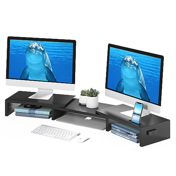 BONTEC Dual Monitor Stand Riser, Desktop Monitorständer mit Smartphone-Halter, Verstellbare Länge und Schwenkwinkel Holz Desktop Organizer, für PC Monitor Laptop Drucker - schwarz