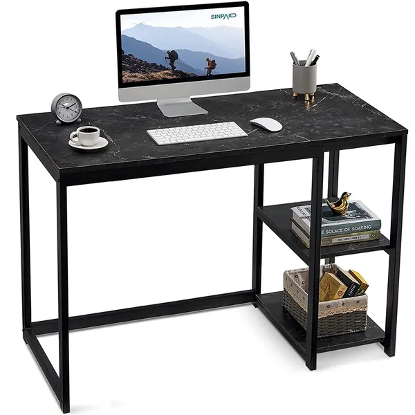 SINPAID Computer Desk 47 inches with 2-Tier Shelves Sturdy Home Office Desk with Large Storage Space Modern Gaming Desk Study Writing Laptop Table, Black Marbling (Black, 47 inch)