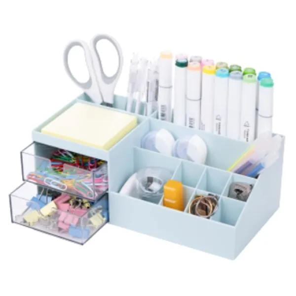 Najerao - Pen Holder for Desk Cute - Pencil Holder with 2 Drawer - Kawaii Desk Organizer-Desktop Organization and Accessories - for Office, Home, School(Blue)