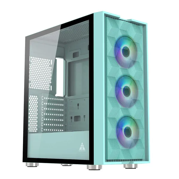 GOLDEN FIELD MAGE-U Mint Green Computer Case Gaming PC ATX/MATX/ITX Case Mid Tower with 3 Colorful LED Fans Tempered Class Side Panel, Mesh Front Panel (Blue-Green)