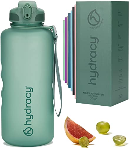 Hydracy Water Bottle with Times to Drink & Straw -Large Half Gallon 64oz BPA Free Motivational Water Bottle & No Sweat Sleeve -Leak Proof Gym Bottle with Time Marker -Ideal Gift for Sports & Outdoors - 64oz - Straw Version Moonlight Green