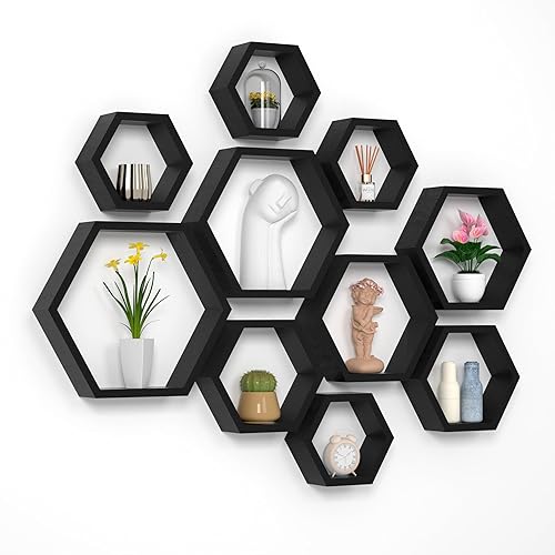 WONFUlity Hexagon Floating Shelves Honeycomb Shelves Wall Mounted Wood Farmhouse Storage Wall Shelf for Bathroom, Kitchen, Bedroom, Living Room,Driftwood Finish Wall Decor, Black - 10PC - Black