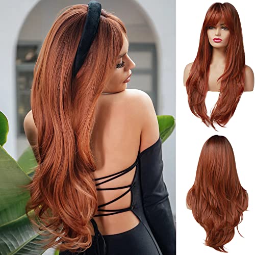 Esmee 24 Inches Long Straight Auburn Layered Natural Synthetic Hair Wigs for Women with Dark Roots for Daily Party Use - Long Straight Auburn - 24 Inch