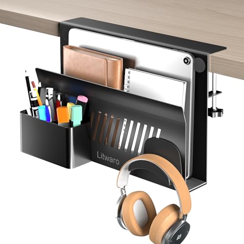 Litwaro Desk Side Storage Organizer, Under Desk Laptop Holder Clamp on Desk Shelf, No Drill Laptop Desk Mount with Magnetic Pen Holder, Hanging Desk Organizer Fits Flat Edge Desk 0.4" to 2" - Black - 11.8"