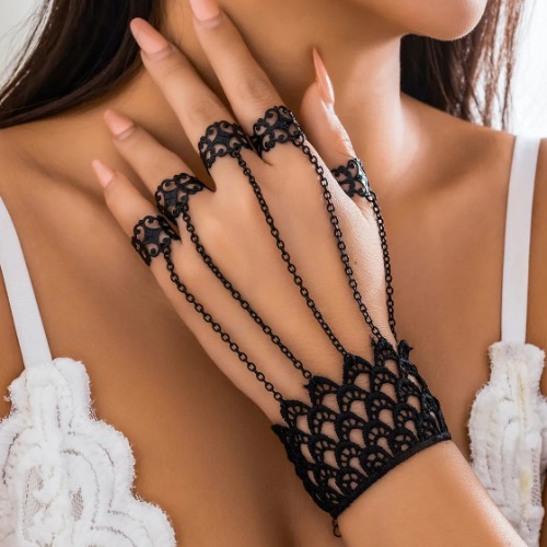 Black Lace Finger Chain Bracelet - Black Color