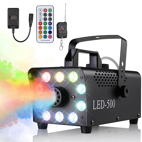 Nebelmaschine Mini, 500W Nebelmaschine, Smoke Machine mit RGB Effekt, 13 Farben 10 LED Licht Fog Rauchmaschine, mit 2 Kabelloser & 1 Kabelgebundener Fernbedienung, für Halloween Weihnachten DJ Party - 23*13.5*12 cm