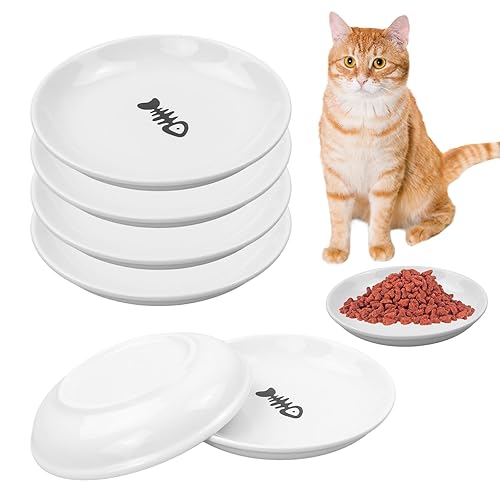Galerie SV Set of 6 Cat Feeding Bowls - Cat Bowl Set - Ceramic Cat Bowl - Raised Cat Bowl - Cat Feeding Bowl - Raised Cat Feeding Bowl - White (Fishbone Pattern)