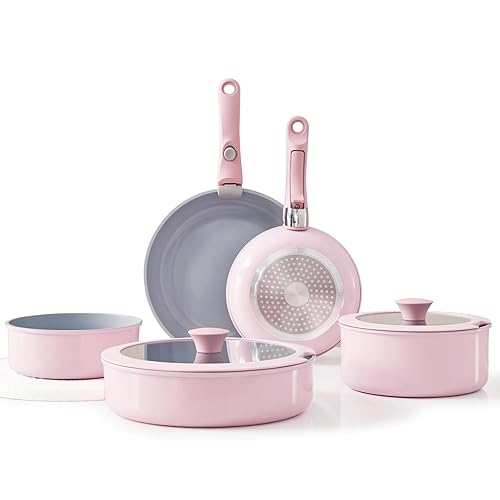 Florosa Ceramic Pan Set, 9-Piece Non-Toxic Pots & Pans, Non-Stick Camping Pan with Lid & Removable Handles, Induction and Oven-Safe, Stackable, Pink