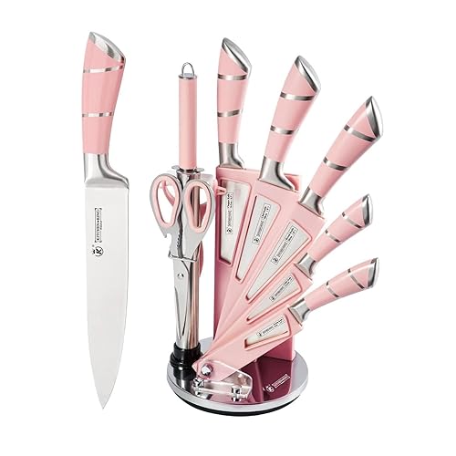 Justup 9-Piece Chef’s Stainless Steel Knife Set with Rotating Acrylic Knife Block, Pink, Sharp, Non-Stick Coating, Knife Block Set, for Kitchen, with Sharpener, for Cutting, Dicing, Chopping (Pink)
