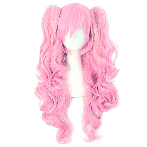 MapofBeauty Multi-color Lolita Long Curly Clip on Ponytails Cosplay Wig (Pink/Blonde) - Pink/ Blonde