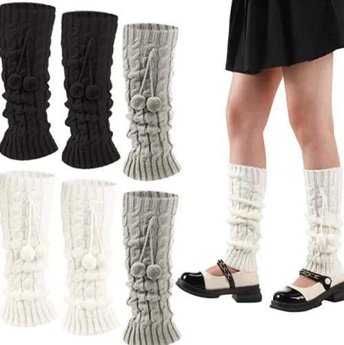 Eurzom 3 Pairs Kawaii Leg Warmers Knitted Leg Warmers Japanese Style Loose Socks Knee High Leg Warmers For Girls Women (White, Gray, Black, Wool Balls) at Amazon Women’s Clothing store