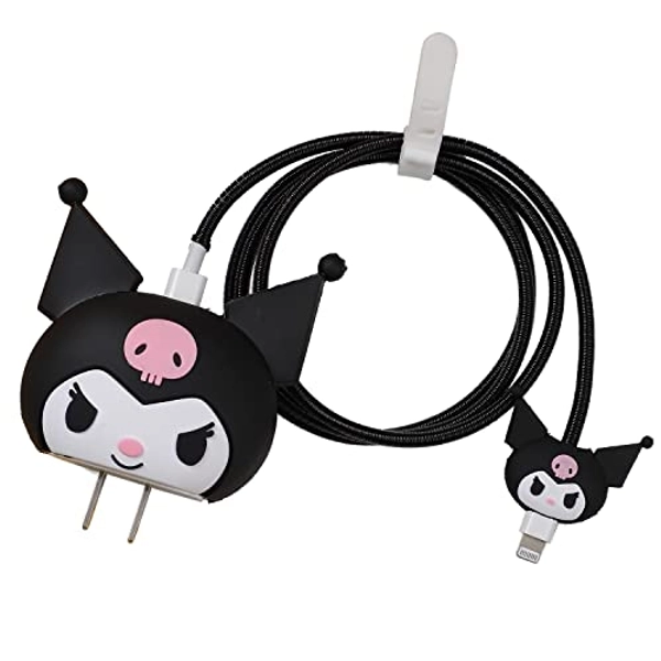 3D Cute Cartoon Charger Protector Case - Compatible for Apple 20W USB-C Power Adapter and Lightning Cable (Black Kuro)