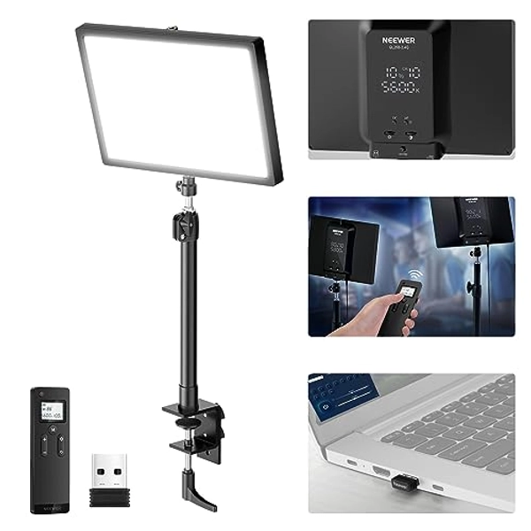 NEEWER GL25B 12.9" Streaming Key Light, 2.4G RT100 Remote & PC/Mac APP Control 25W 2300Lux/0.5m 2900K–7000K CRI98+ Dimmable Edge Emitting Silent Webcam Video Light with Desk Stand & USB Transmitter