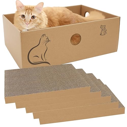 MUAEEOK Cardboard Cat Scratcher with Box, 5 PCS Reversible Cat Scratch Pad Replace for Cat Scratcher, Corrugated Scratching Lounge for Indoor Kitty to Rest Play Suitable for Up To 5kg (33*24*11 CM) - 33*24*11 CM
