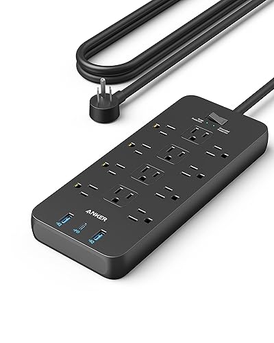 Surge Protector Power Strip (2100J), Anker 12 Outlets with 1 USB C and 2 USB Ports foriPhone 15/15 Plus/15 Pro/15 Pro Max, 5ft Extension Cord, Flat Plug, 20W USB C Charging for Home, Office,TUV Listed - 5 FT - Black
