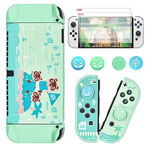 DLseego Funda para Nintendo Switch OLED,Absorción de Golpes y Antiarañazos,con 2 Películas de Vidrio Templado y 4 Empuñaduras para Pulgar, Compatible con Switch OLED 2021, Animal Crossing - Verde