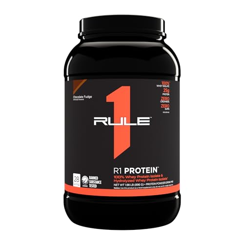 Rule 1 R1 Protein, Chocolate Fudge - 2.01 lbs Powder - 25g Whey Isolate & Hydrolysate + 6g BCAAs - 29 Servings - Chocolate Fudge - 29 Servings