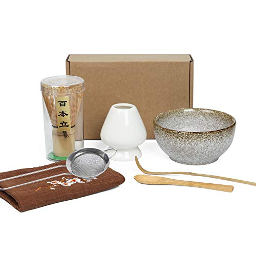 KAISHANE Bamboo Matcha Tea Whisk Set of 7 Including 100 Prong Matcha Whisk, Whisk Holder,Traditional Scoop, Tea Spoon,Tea Sifter,Tea Towel and Ceramic Matcha Bowls - 7PCS
