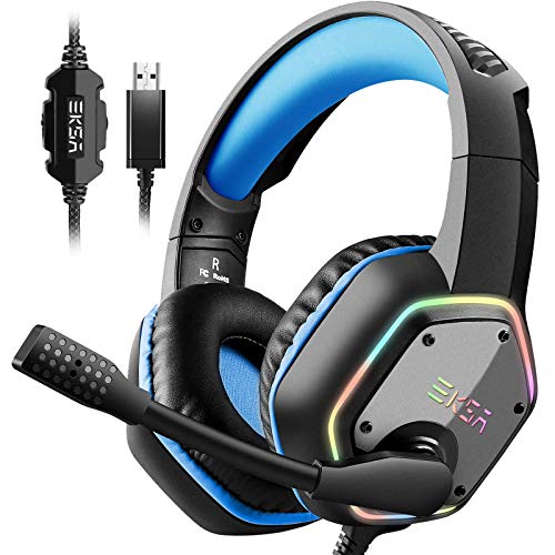 EKSA E1000 Gaming Headset, Computer Headphones with Noise Canceling Mic & RGB Light, 7.1 Surround Sound, Compatible with PC, PS4 PS5 Console, Laptop (Blue) - Blue