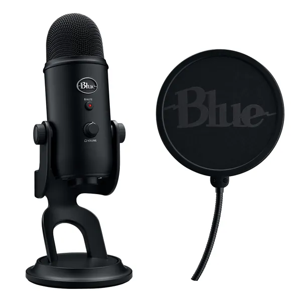 Logitech Blue Yeti Game Streaming Kit with Yeti USB Gaming Mic, Blue VO!CE Software, Exclusive Streamlabs Themes, Custom Blue Pop Filter, PC/Mac/PS4/PS5 - Blackout Microphone/Pop Filter/Streamlabs Software