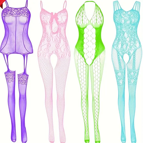 (buy 1 Get 3 Free) Hot Colorful Jacquard Fishnet Bodystocking, Hollow Out Open * Bodystocking, Women's Sexy Lingerie &amp; Underwear