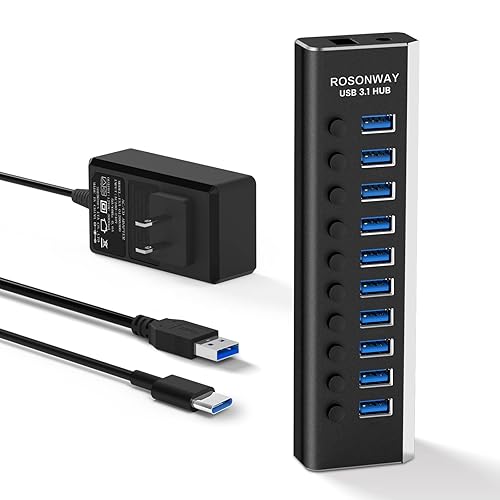 Powered USB Hub, Rosonway 10 Port USB 3.1/3.2 Gen 2 Hub 10Gbps with 36W (12V/3A) Power Adapter, Type A and Type C Cables, Aluminum USB C Hub Splitter for PC and Laptop (RSH-A10S) - 10 Port USB 3.1 Hub 10Gbps