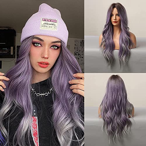 Esmee 24 Inches Ombre Purple to Grey Wigs for Women Synthetic Heat Resistant Fiber Natural Long Wave Wigs for Daily Party Cosplay Wear - Ombre Purple to Grey