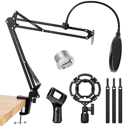 Mic Stand Boom Arm, Microphone Stand Desk, Upgraded Mic Arm Microphone Stand Boom Suspension Stand with 3/8" to 5/8" Screw Adapter, for Blue Yeti Snowball Hyper X QuadCast SoloCast Fifine Gaming - Mic Stand Kit